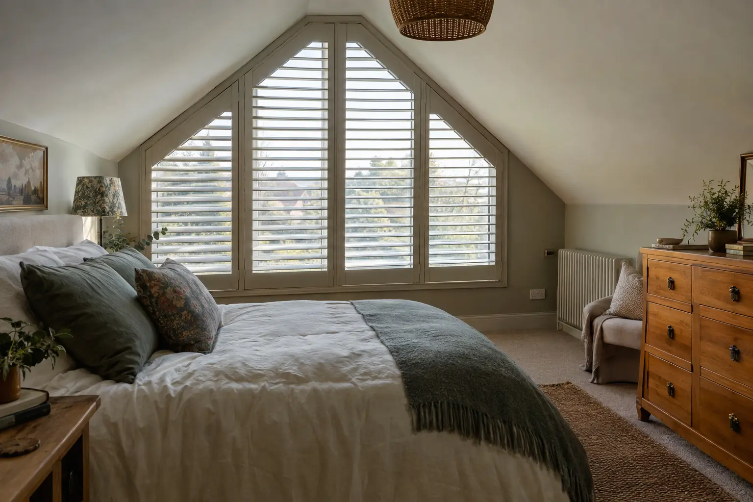a loft bedroom with a triangular gable-end window fitted with shaped shutters that follow the slope, the louvres tilted to soft morning light