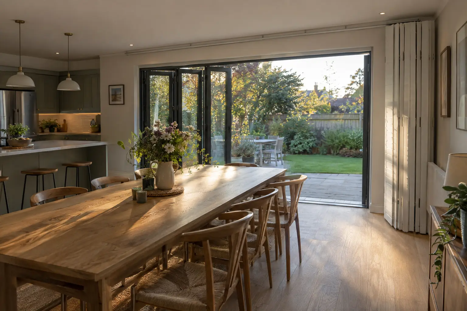 a modern kitchen-diner with wide bi-fold doors onto a garden, white tracked shutter panels slid along an overhead track and stacked neatly against the wall at one end, evening sun on a long dining table
