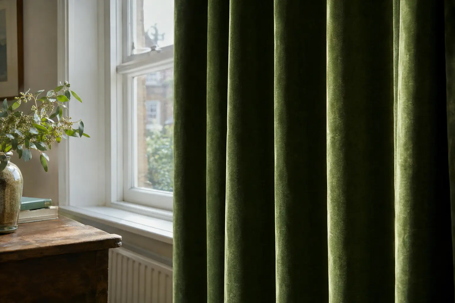 a close view of the folds of a green velvet curtain catching low sunlight, the pile showing lighter and darker bands where each fold turns