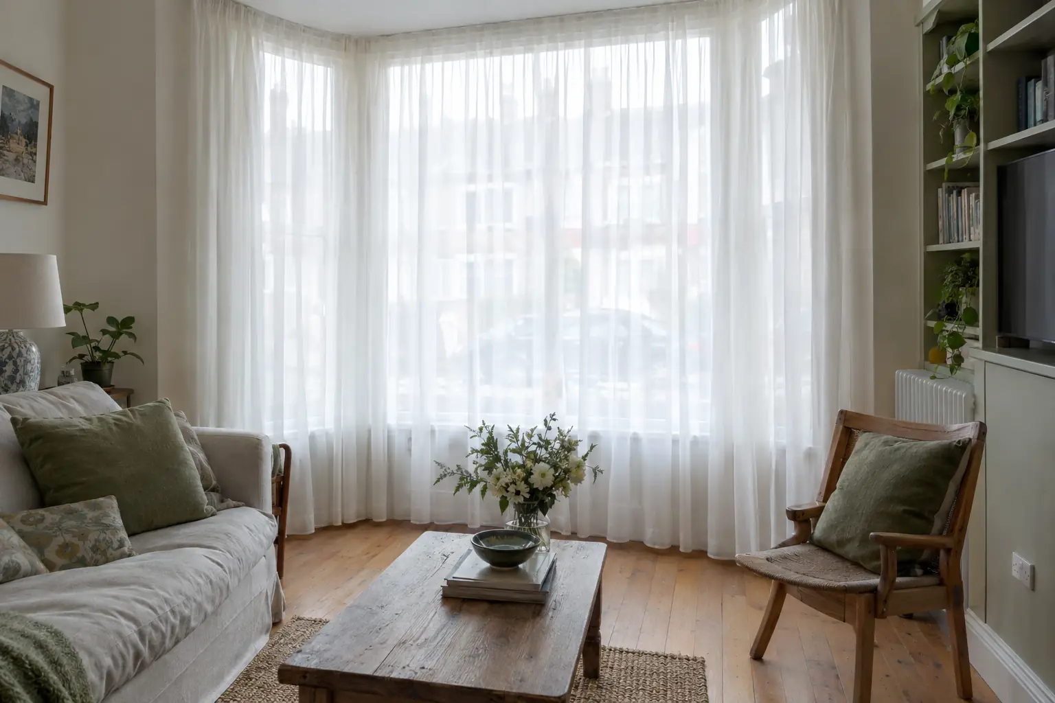 a ground-floor front room on a busy terraced street in daylight, a fine white voile curtain drawn across the bay window so the room stays bright while the parked cars and houses opposite are only blurred shapes