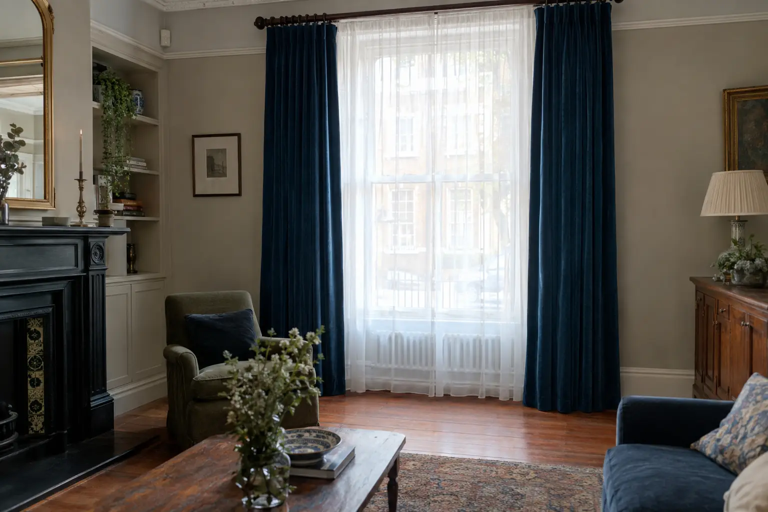 a Victorian living room in late afternoon, deep blue velvet curtains on a dark wooden pole dressed open either side of a tall window, a white voile curtain drawn across the glass behind them softening the view of the street outside
