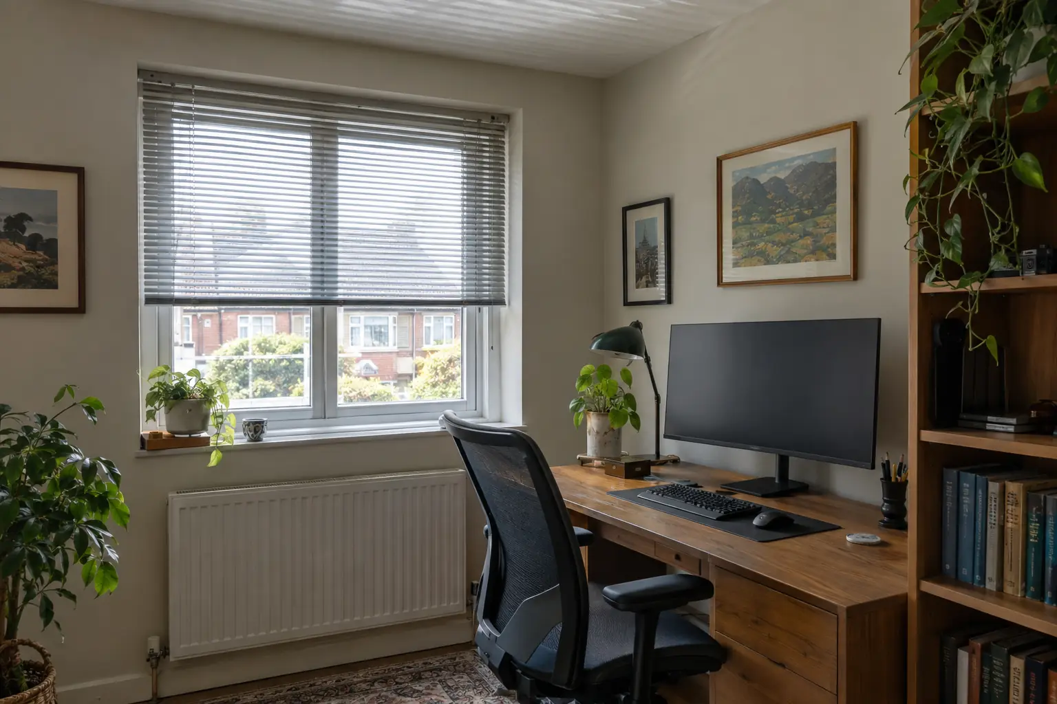 a small home office in a 1930s semi with a desk and monitor beside a window dressed in a silver aluminium venetian, slats partly tilted so bands of soft light fall on the ceiling rather than the screen