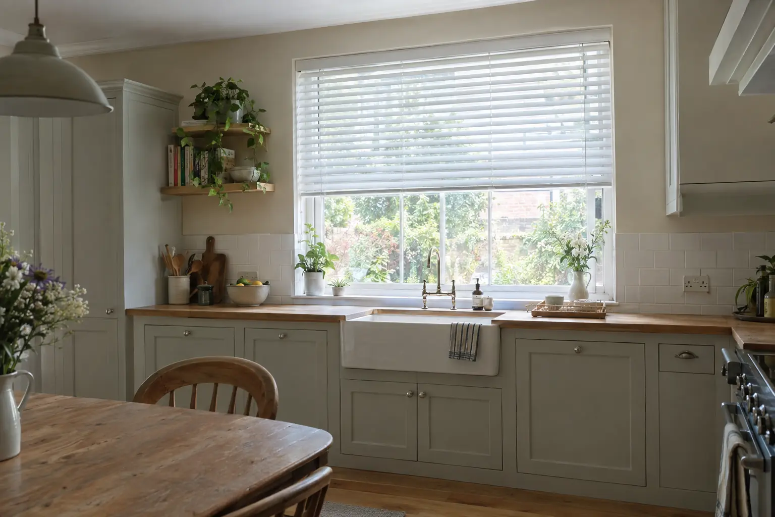 a bright Victorian terrace kitchen with a white aluminium venetian blind fitted in the recess above a butler sink, slats tilted with the room-side edge up so daylight falls across the ceiling and the garden outside is softened