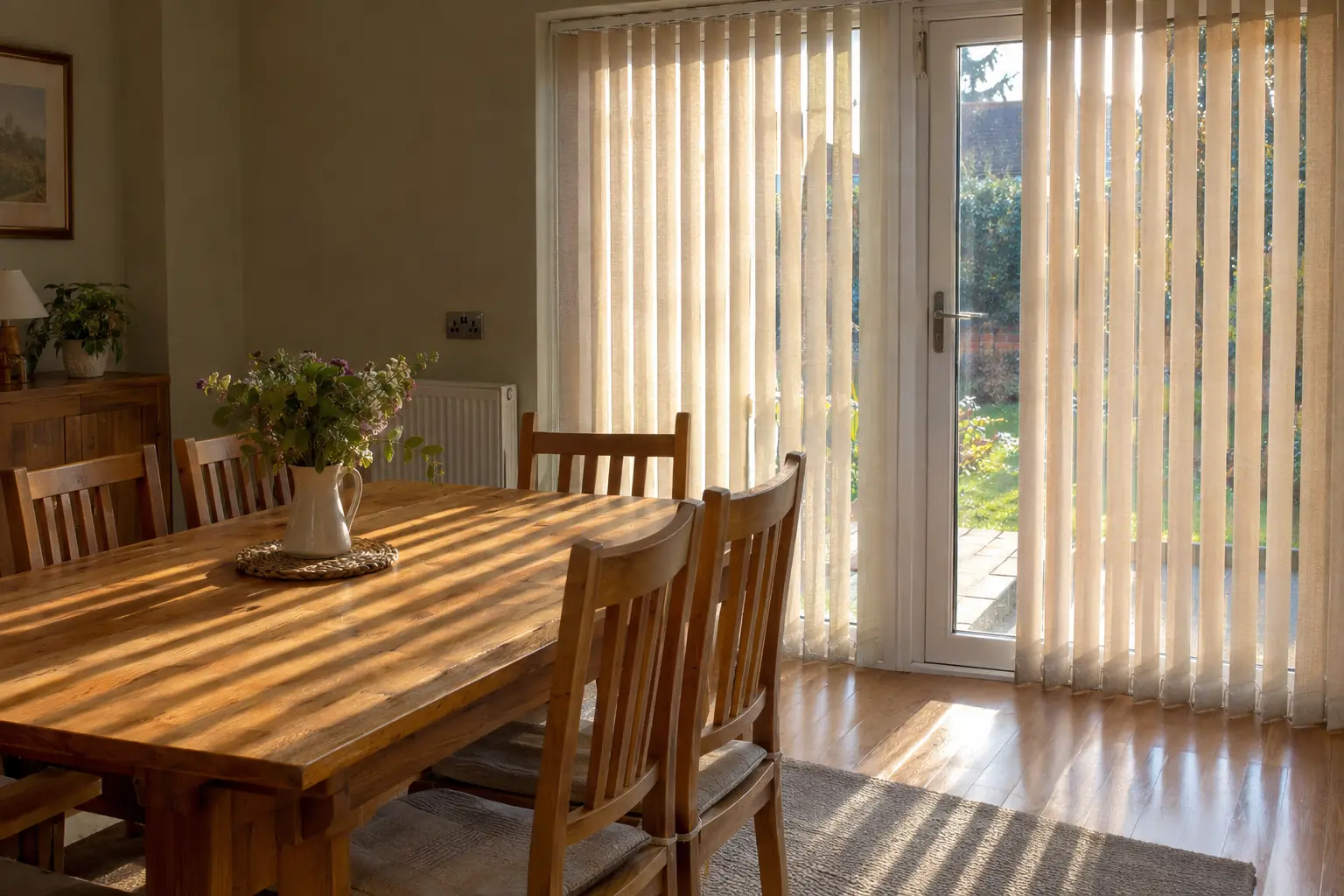 late afternoon sun from the west raking through part-turned fabric vertical louvres across a garden door, laying stripes of warm light over a wooden dining table and chairs