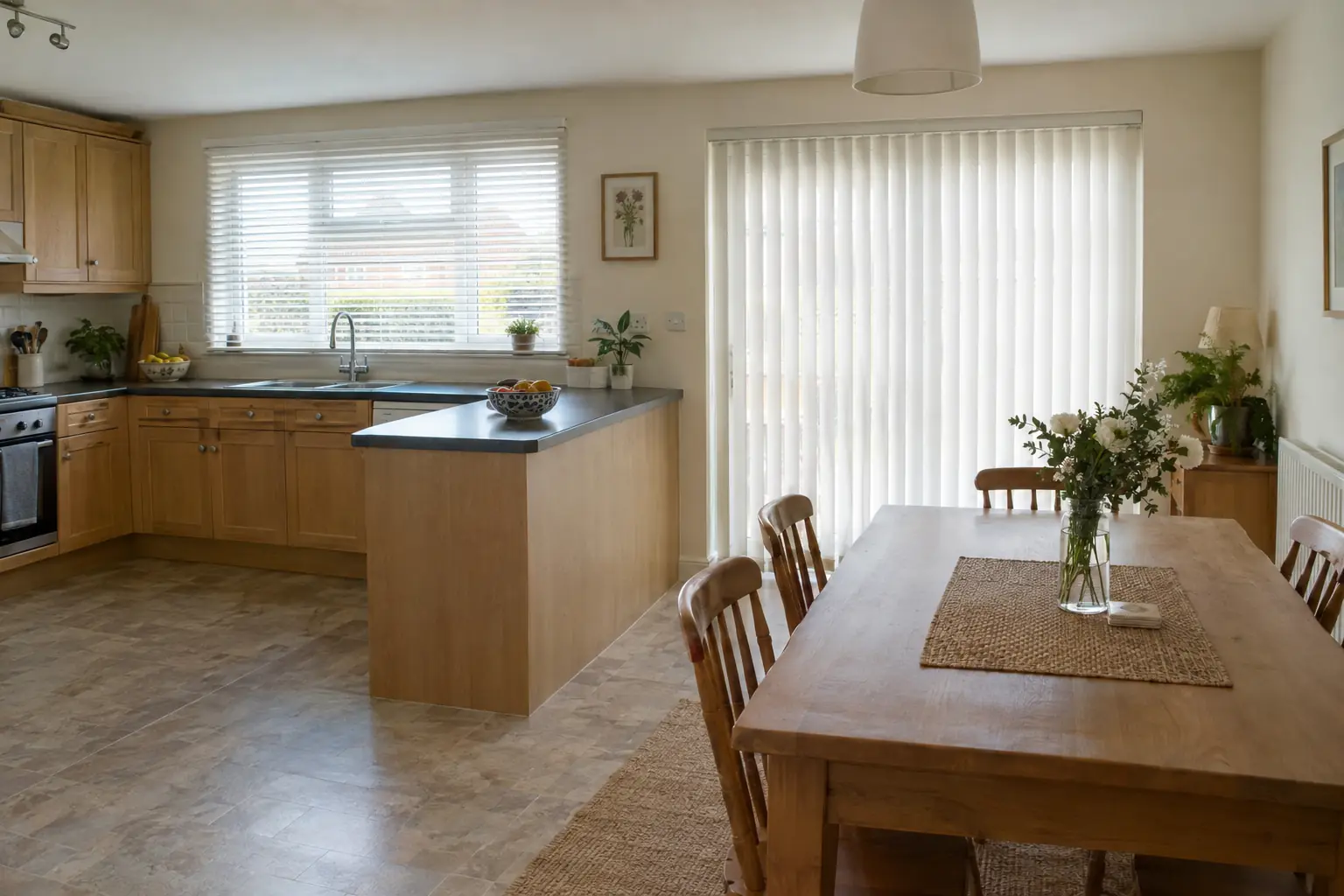 an open-plan kitchen-diner in a 1990s detached house with a white aluminium venetian blind over the sink window and a white fabric vertical blind across the sliding patio door on the adjoining wall, both in the same soft white