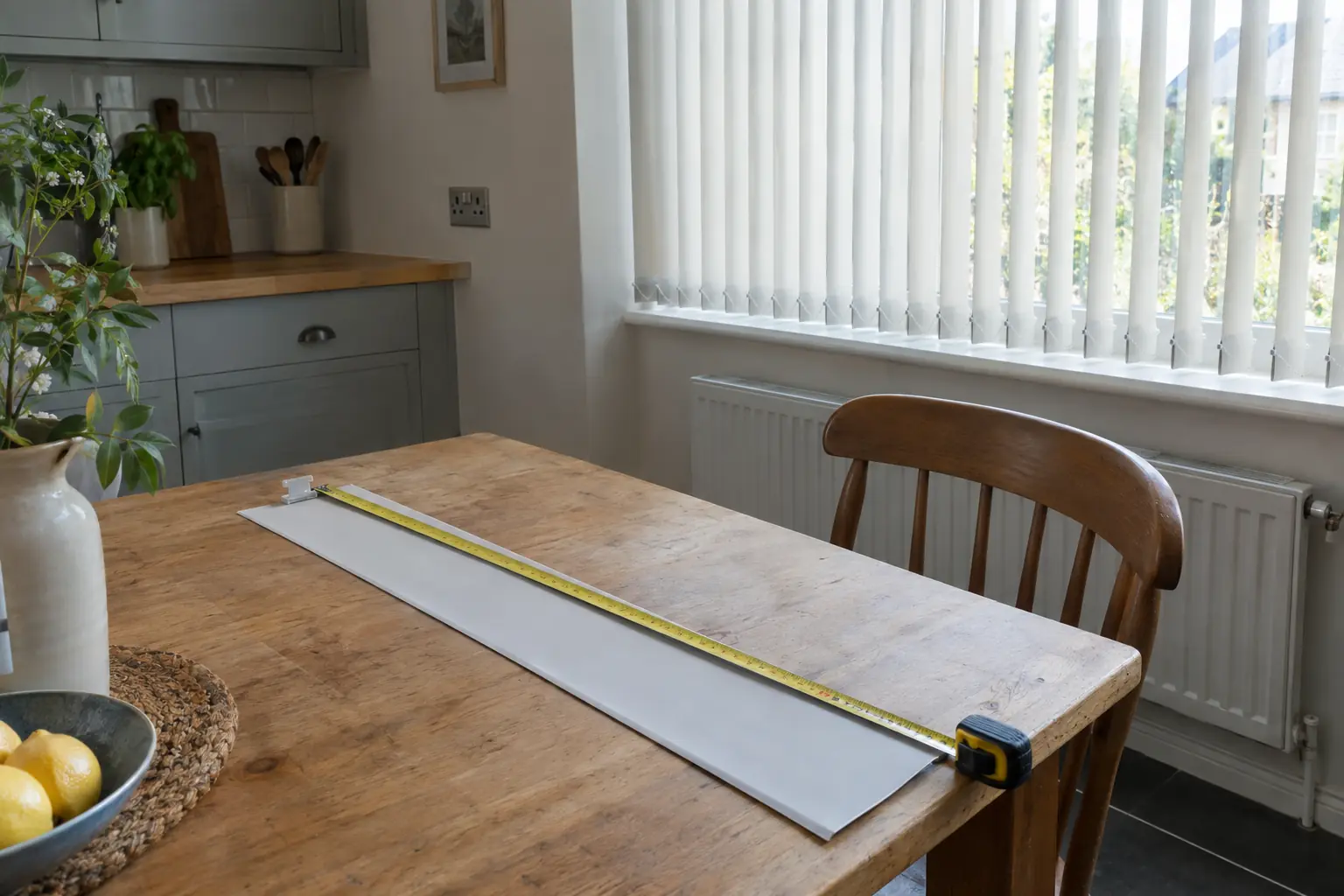 a single spare vertical louvre laid flat on a kitchen table with a steel tape measure stretched across its face, the plastic hanger clip at the top end