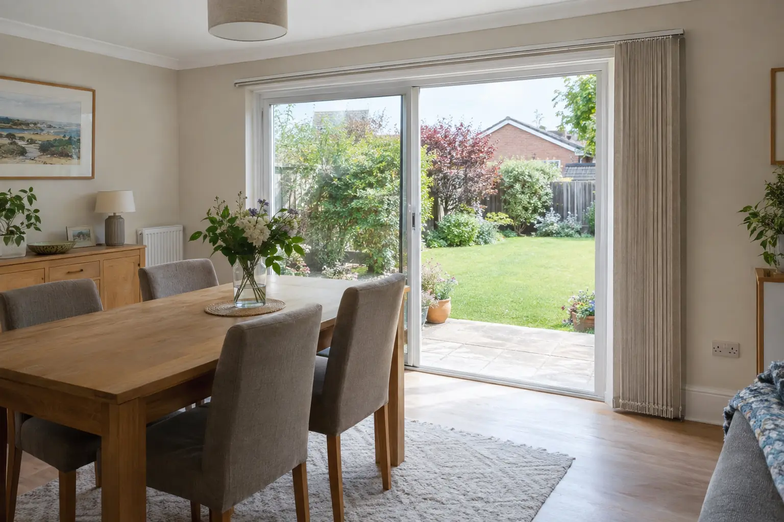 a dining room extension on a 1970s semi with wide sliding patio doors, a pale textured fabric vertical blind drawn back into a neat stack at the fixed-pane end so the sliding door stands open onto a lawn