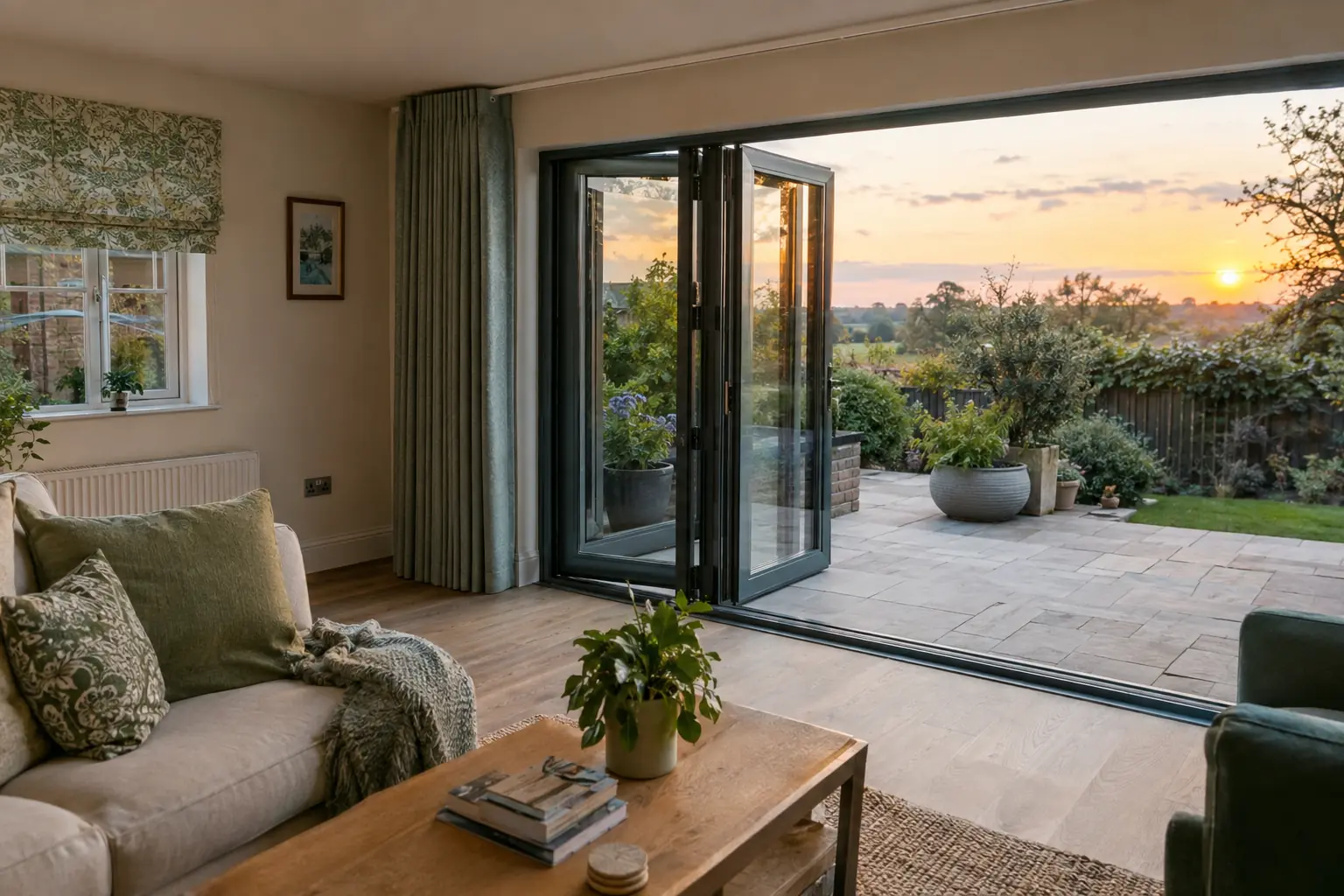 wave curtains fully drawn back into a neat, compact stack against the end wall beside wide aluminium-framed bi-fold doors folded open, evening light across a patio outside