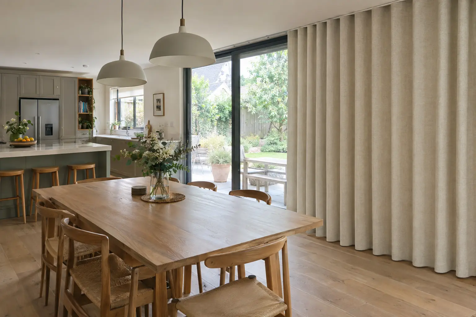 a contemporary open-plan kitchen-diner with floor-to-ceiling glazing onto a garden, pale oatmeal wave curtains on a ceiling-fixed track running the full width of the glass, half drawn, the fabric folding in even S-curves, a long oak dining table in front