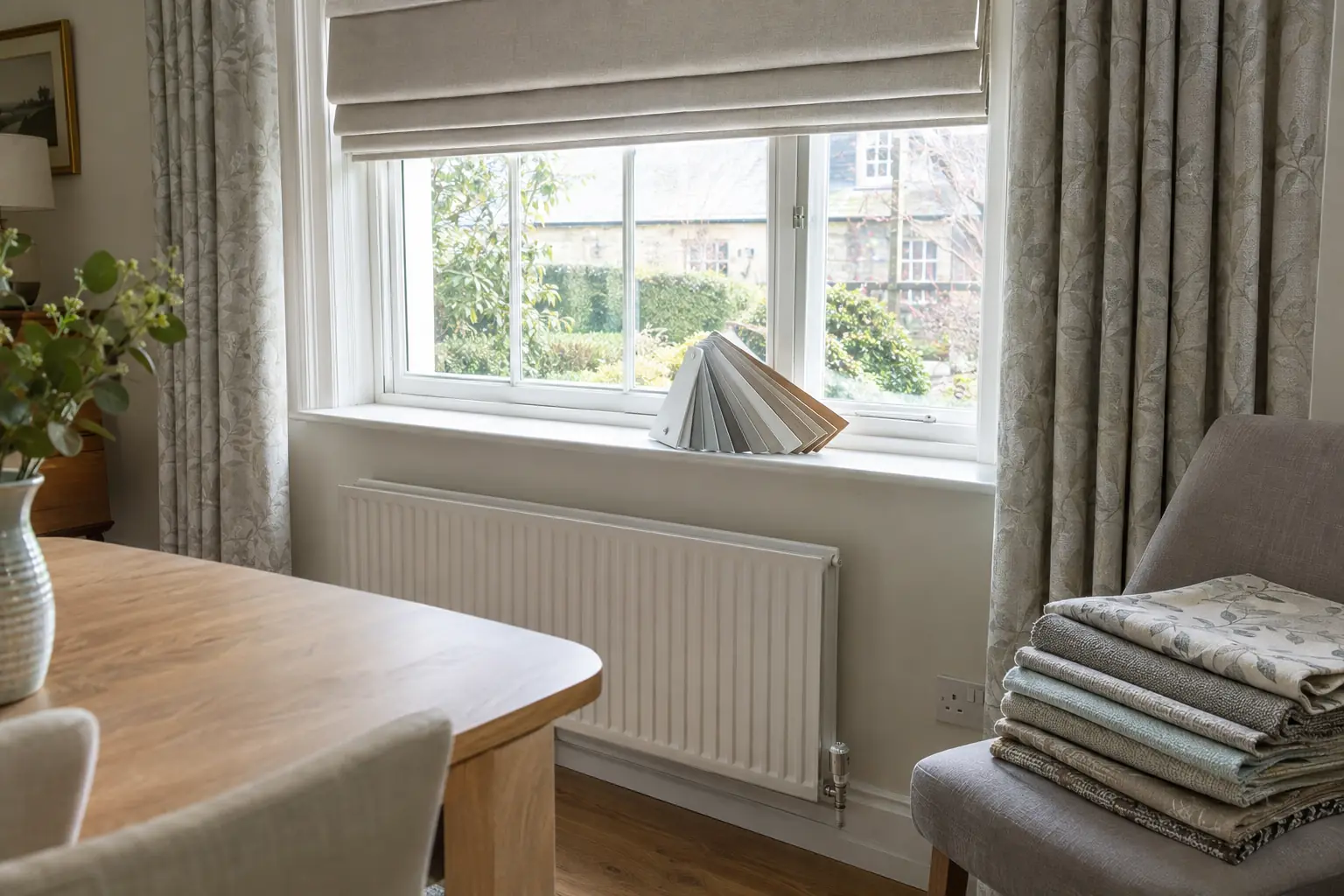 a dining room window with a fan of slat samples in white, grey and oak tones resting on the sill against the glass and a folded pile of curtain fabric samples on a chair beside it, afternoon light
