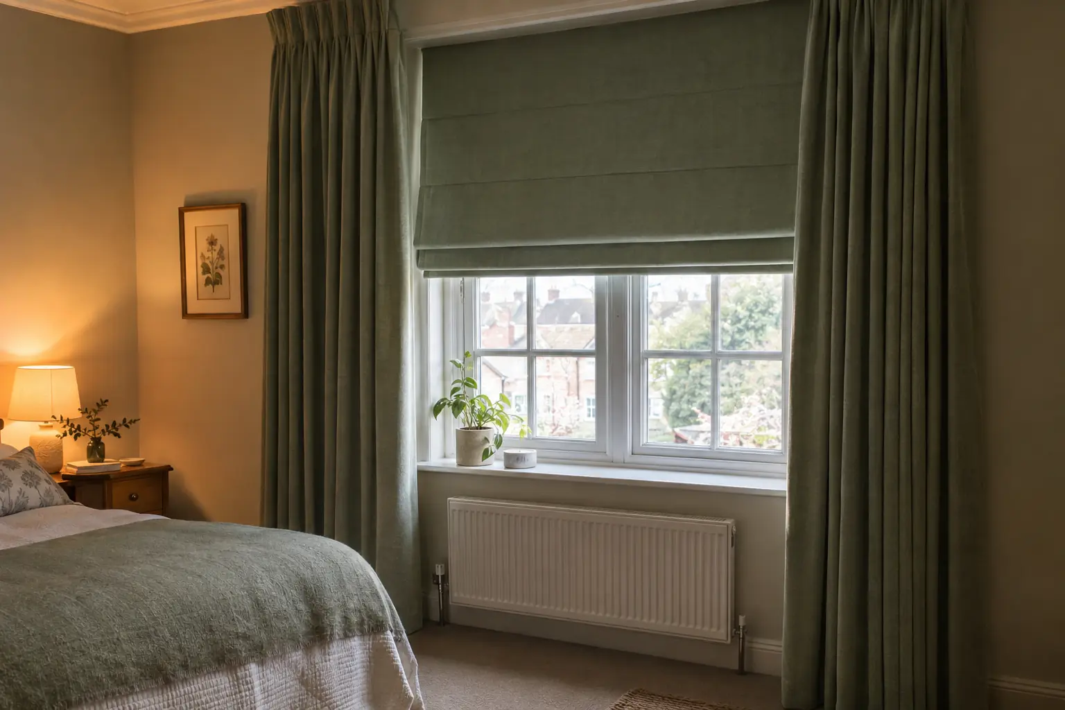 a bedroom window after fitting, a lined sage-green roman blind inside the reveal and full-length curtains in a matching tone either side, warm evening lamplight on a painted wall