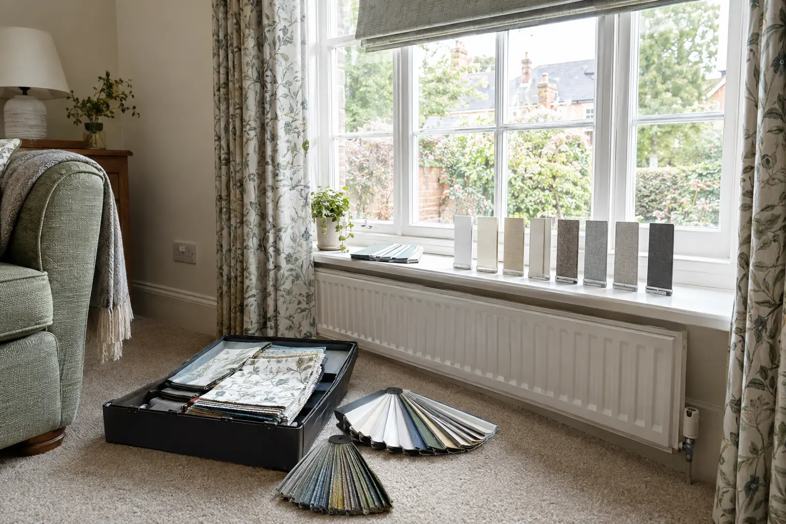 an open sample case on the carpet of a living room beside a large window, fans of fabric swatches and a row of slat samples laid out along the painted sill in bright daylight