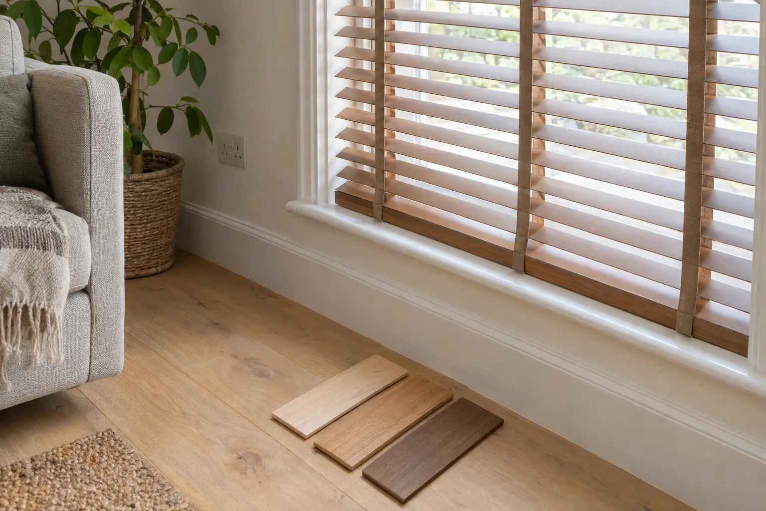 three wooden blind sample slats in light, medium and dark wood tones laid side by side on pale oak floorboards next to a white painted skirting board, in soft daylight