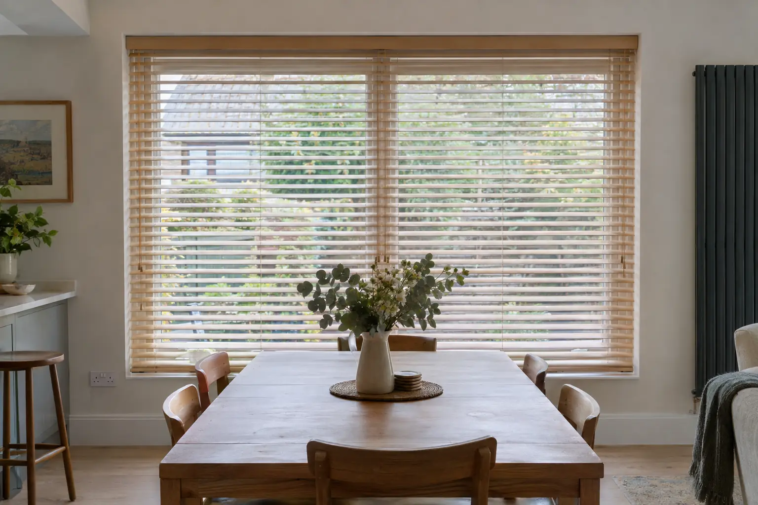 a wide window in a modern rear extension dressed with two matching pale wood venetians that meet at a central mullion, their slats perfectly level with each other and a dining table in front