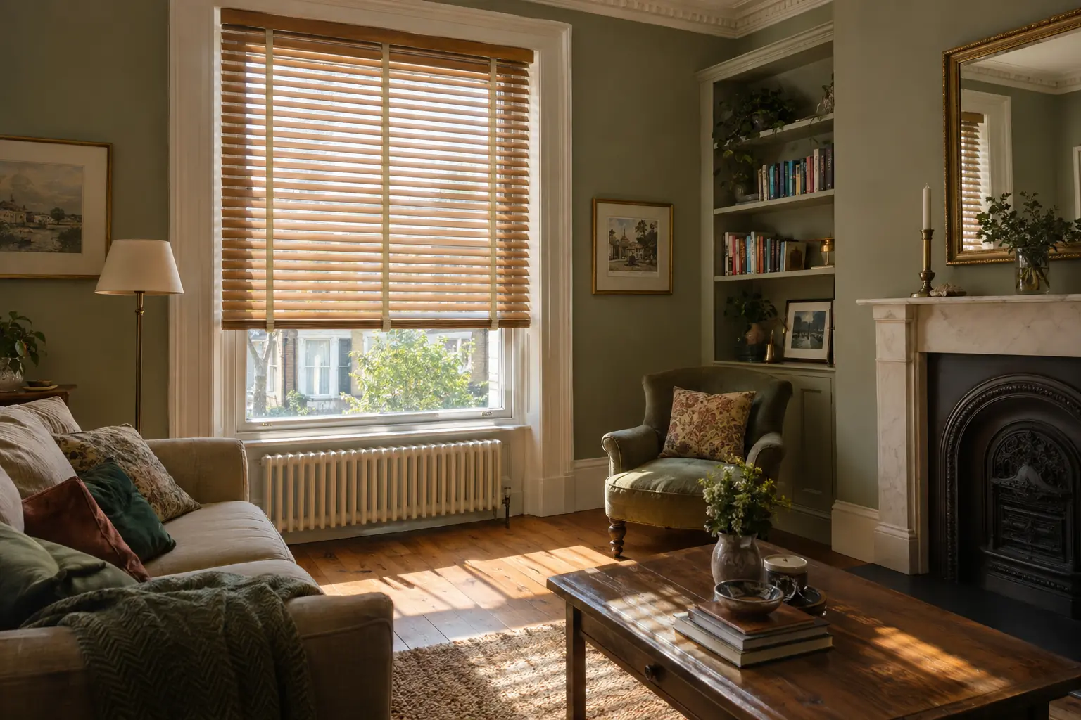a Victorian sitting room with a tall sash window dressed in a mid-oak real wood venetian with cream cloth tapes, slats half tilted, afternoon sun picking out the grain of the slats and warm oak floorboards below