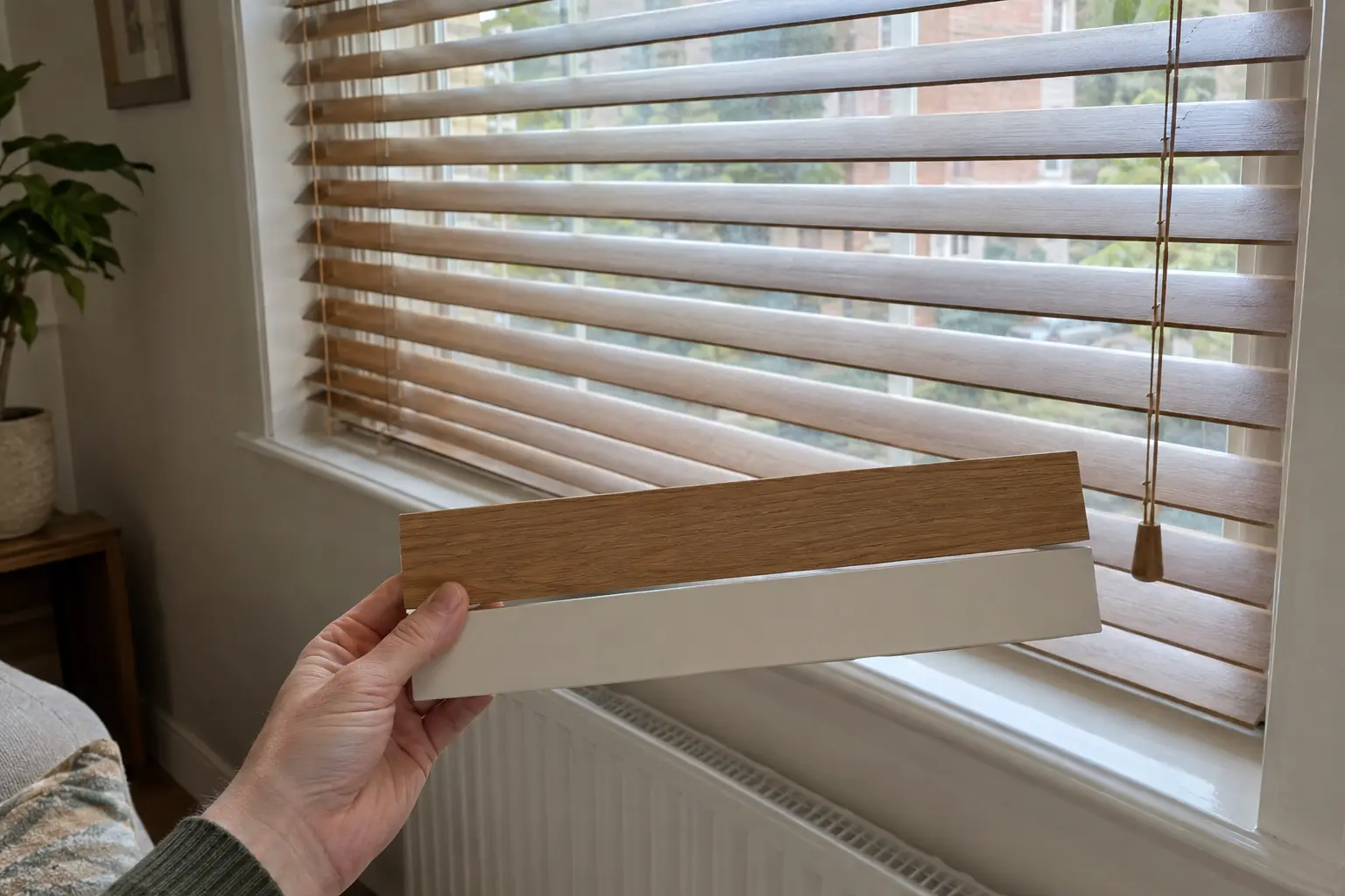 a close view of a horizontal wooden venetian blind hanging at a window, its horizontal slats tilted half open, and just below it a hand holding two loose horizontal venetian slats side by side for comparison: one real timber slat with visible grain and one smooth painted faux-wood slat; the blind's slats run left to right across the window, not up and down