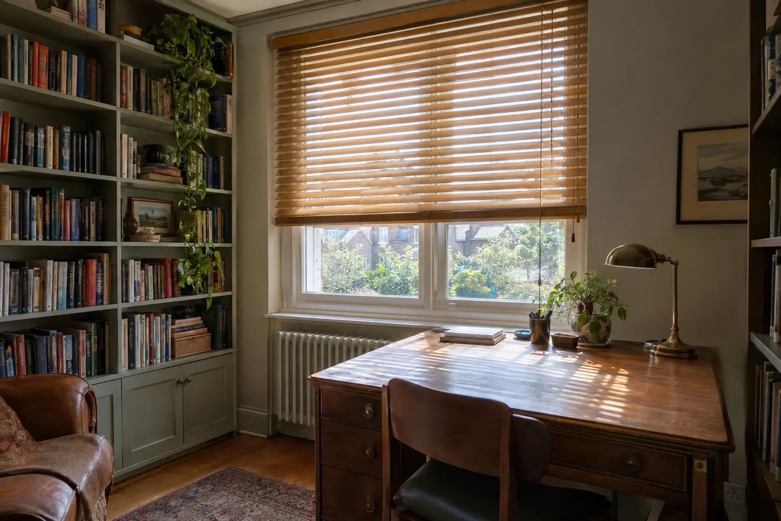 a book-lined study in a 1930s house with a honey-toned real wood venetian at the window beside a desk, slats half open and afternoon light falling across the desk top