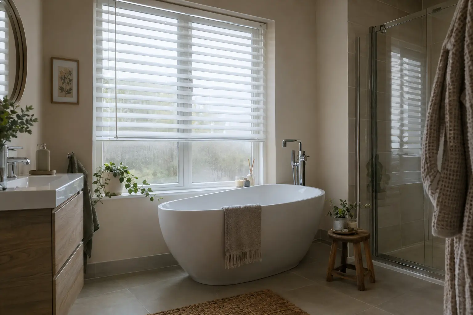 an en-suite bathroom in a new-build house with a white faux wood venetian blind in the window beside a freestanding bath, slats tilted with the room-side edge up and a light haze of steam on the glass