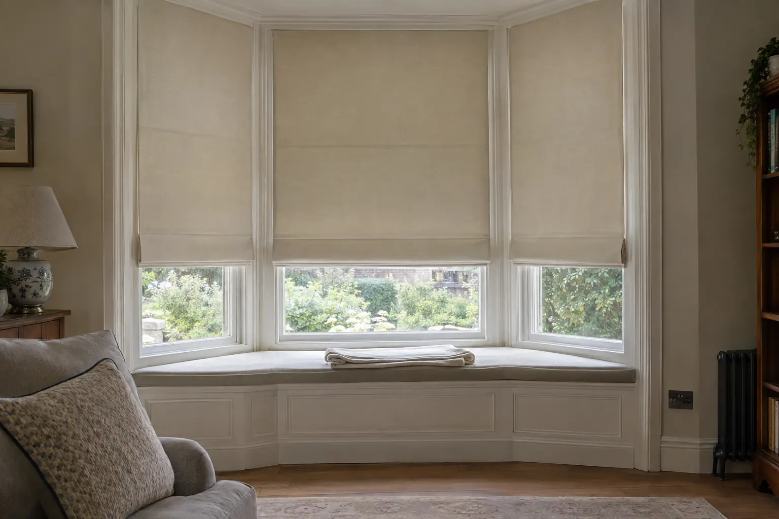 a three-sided bay window with newly fitted cream Roman blinds all lowered to exactly the same height, a folded dust sheet on the window seat below