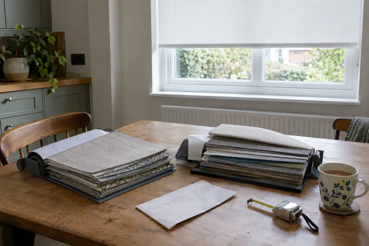 a kitchen table in a UK family home with two open fabric sample books, a folded paper quote lying face down and a steel tape measure beside a mug of tea, a window with a plain white roller blind behind