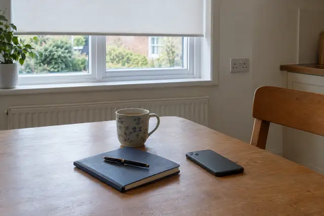A kitchen table with a mug of tea, a diary and a phone, in soft morning light