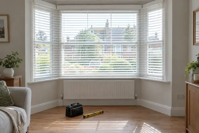 A newly fitted white wooden venetian blind in a bright bay window, a tool bag and spirit level tidy on the floor